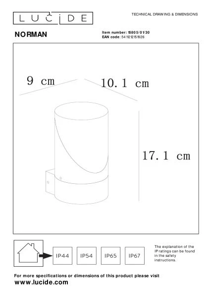 Lucide NORMAN - Applique murale Intérieur/Extérieur - Ø 9 cm - 1xE27 - IP65 - Noir - TECHNISCH